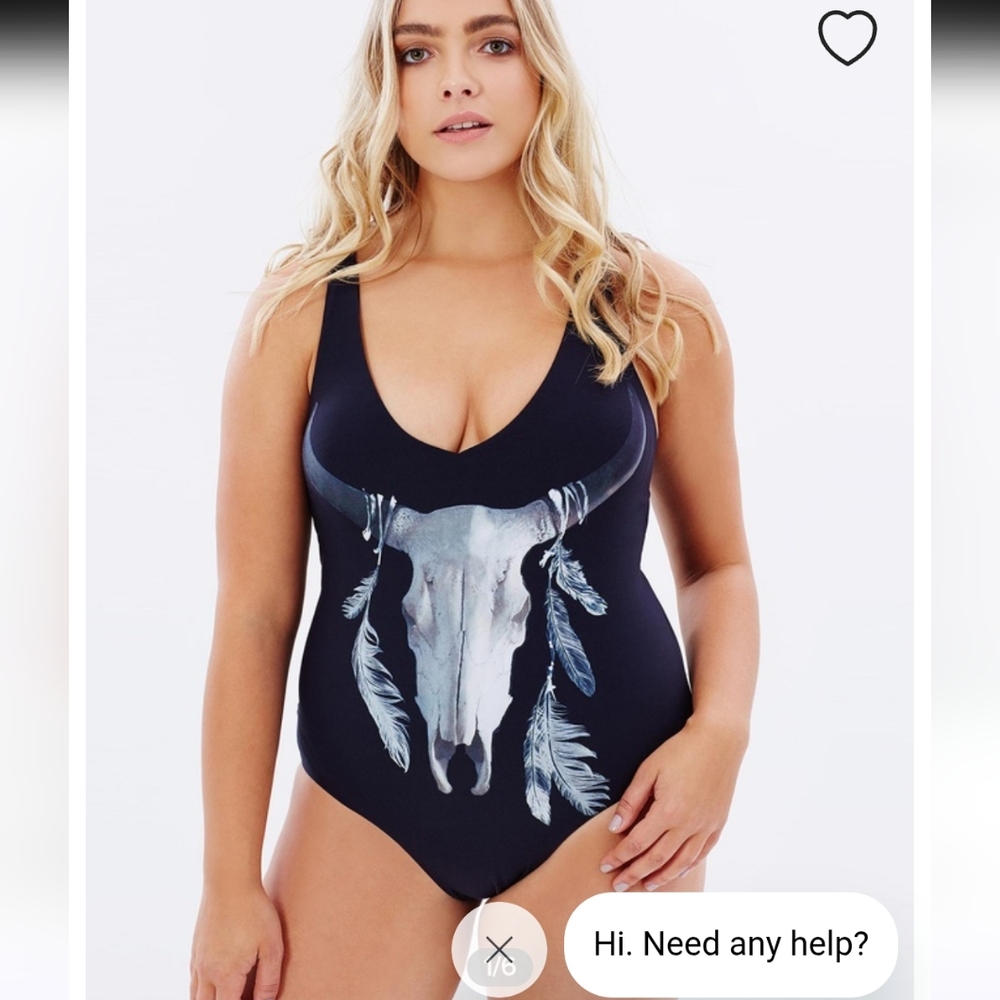 Robyn Lawley Black Graphic One Piece Swimsuit NWT Size 14 Low Neckline